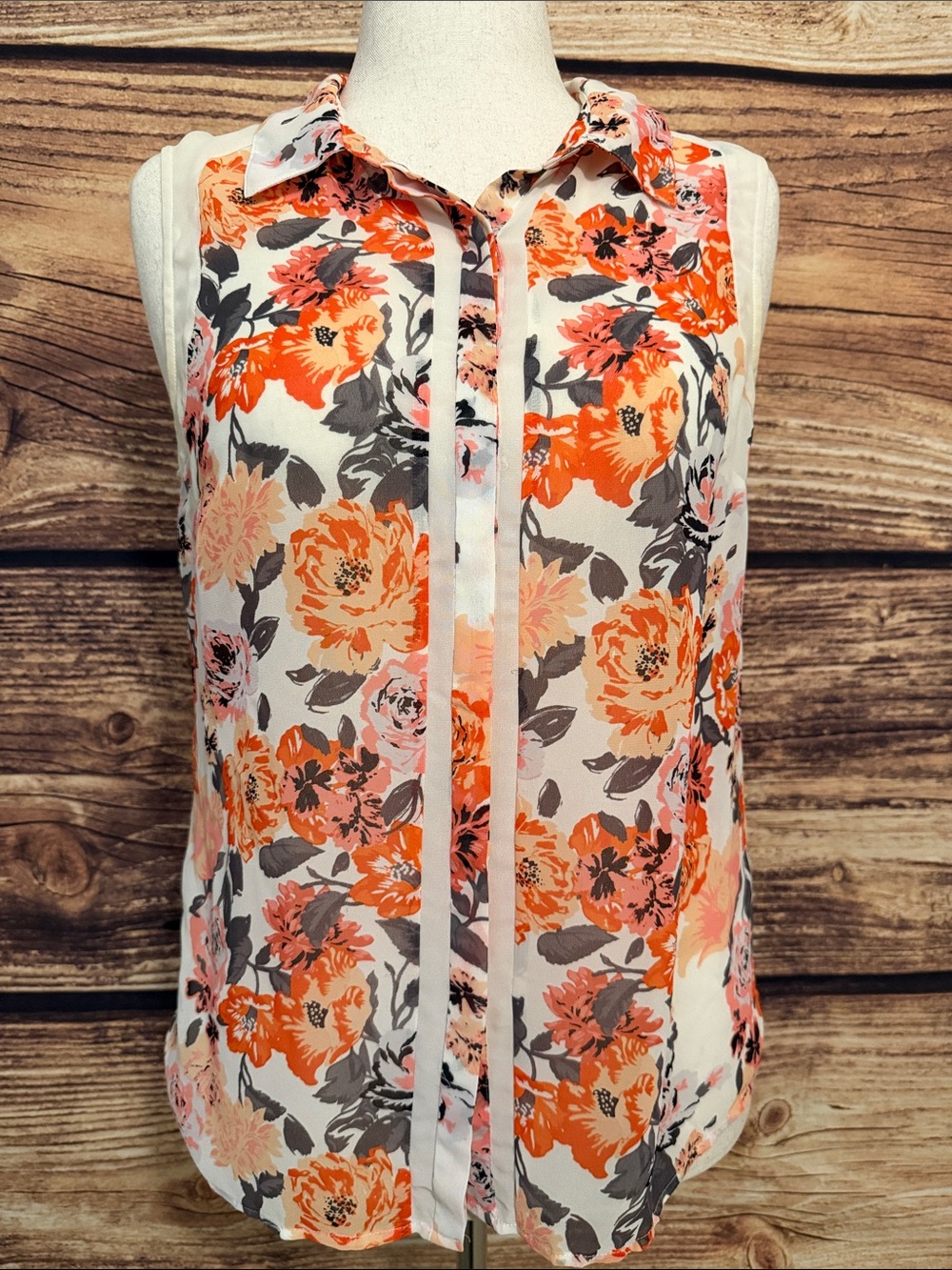 Sleeveless Floral Blouse - White with Orange & Green Floral